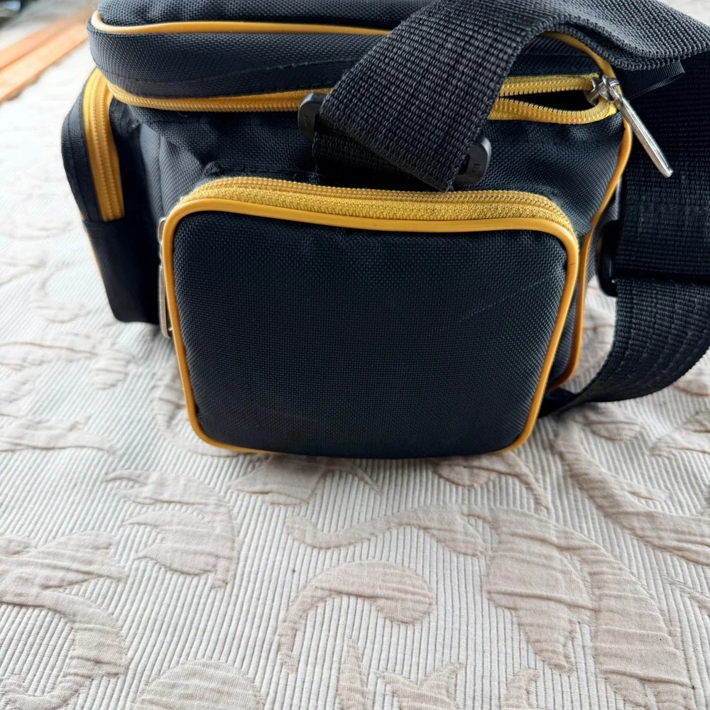 MIA Camera Shoulder Bag Black Yellow Canvas Padded Dividers Multi Pocket Bag